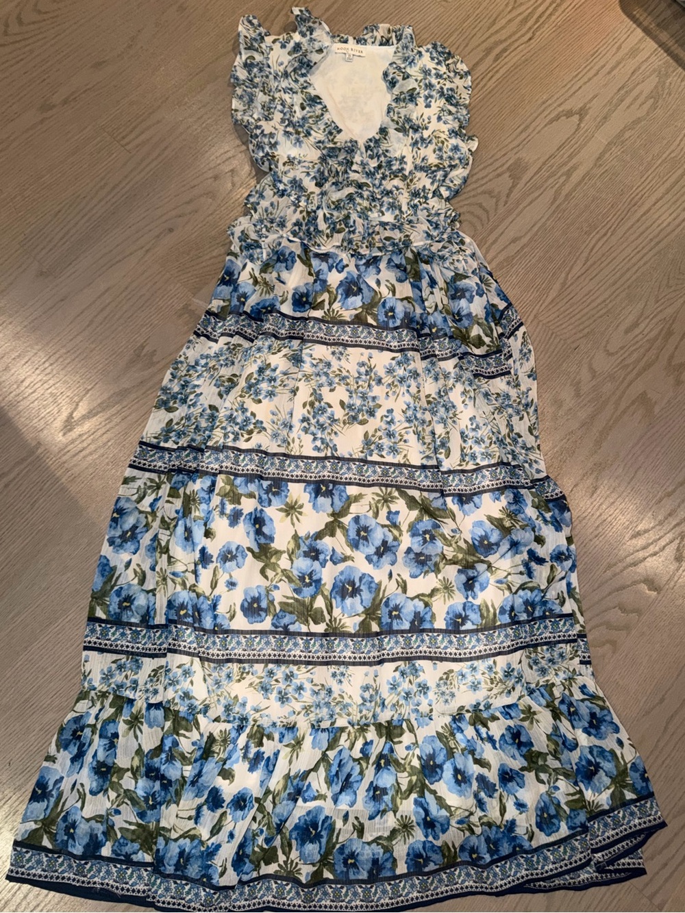 Moon River White Maxi Dress with Blue Floral Print